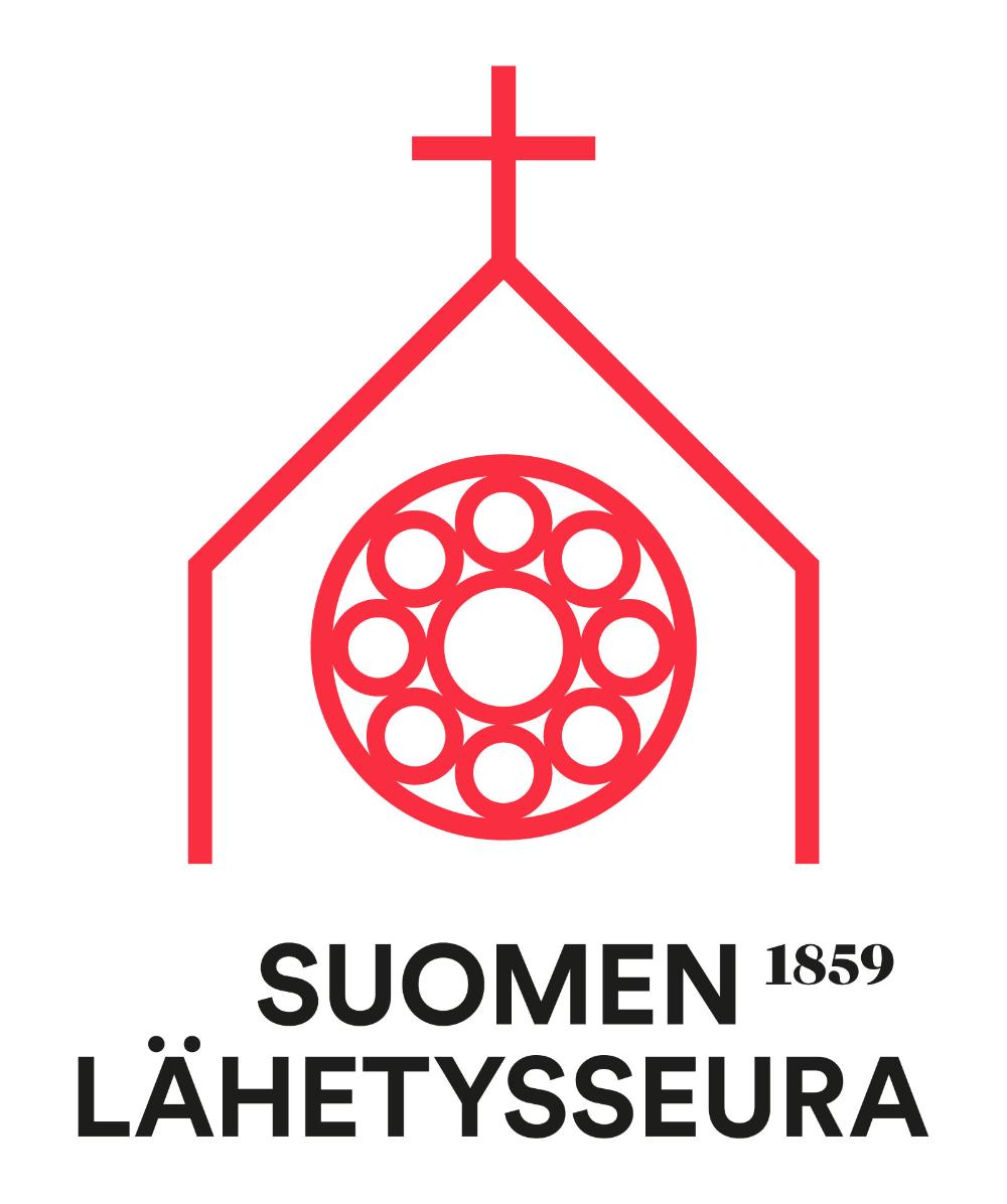 Punaisella ääriviivalla kirkon pääty ja risti sekä teksti Suomen Lähetysseura 1859. Lähetysseuran logo.